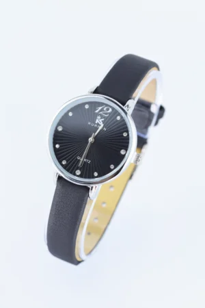 tani zegarek damski czarny pasek czarna tarcza srebrna koperta modny