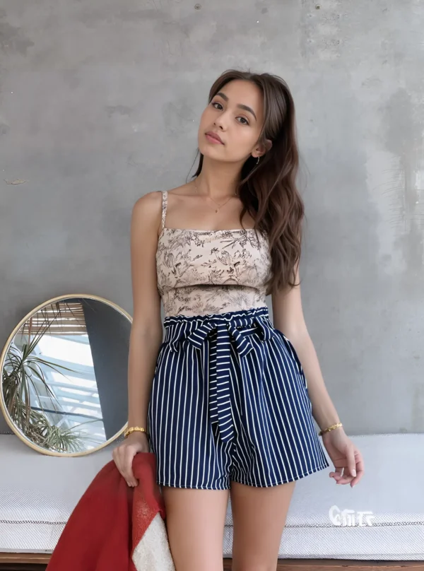 krotkie spodenki damskie cienkie wysoki stan pas kieszenie rose biale w granatowe paski