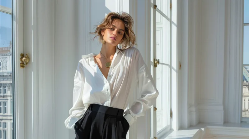 5 klasycznych elementów garderoby, które nigdy nie wychodzą z mody oraz ich stylizacje 1 klasyczne elementy garderoby kobieta biala koszula elegancki styl