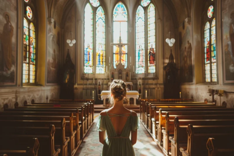 Co założyć na chrzciny zgodnie z kościelnym dress code - kobieta w skromnej sukience