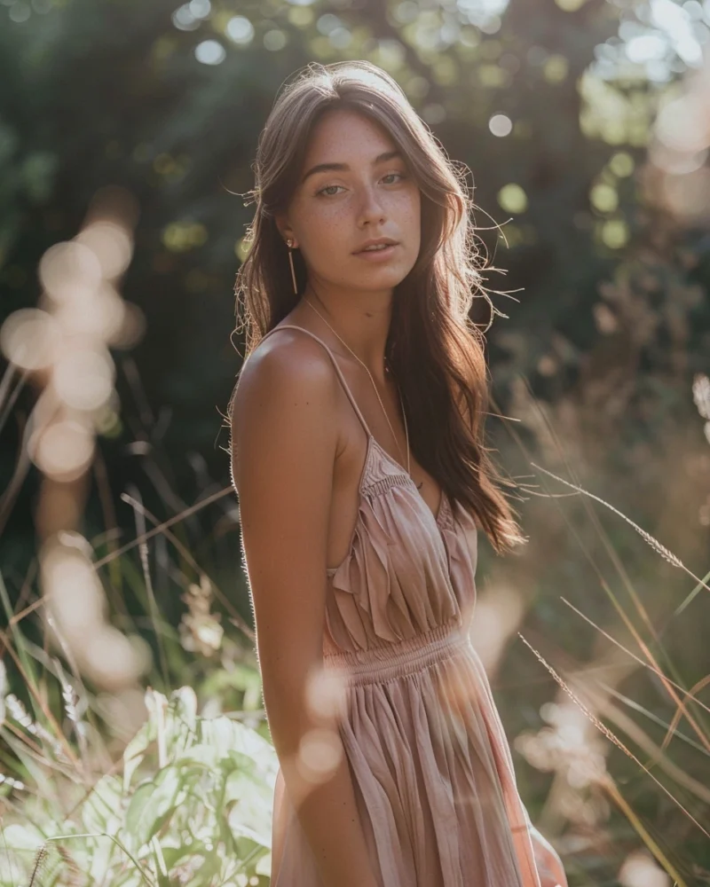 Stylowa dziewczyna w modnych trendach 2025 - strój boho w pastelowych kolorach z dodatkami w kolorze Mocha Mousse