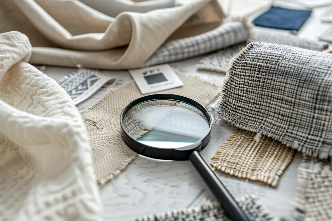 Zbliżenie na metki ubrań z instrukcjami prania różnych materiałów - bawełna, len, wełna, jedwab