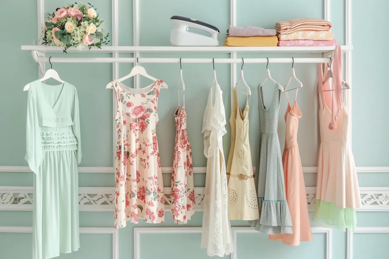 Kolekcja sukienek letnich - sukienka midi w kwiaty, lniana sukienka mini, elegancka kreacja wieczorowa na wieszakach