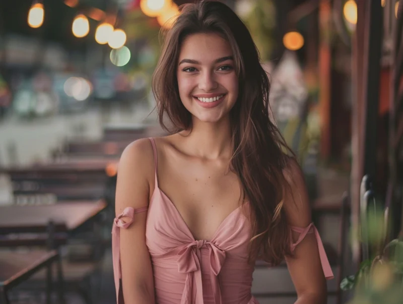 5 sukienek z Rosalio.pl, które sprawdziły się na 20 pierwszych randkach 11 Uśmiechnięta kobieta w różowej sukience z kokardą - kobieca elegancja na randce w kawiarni