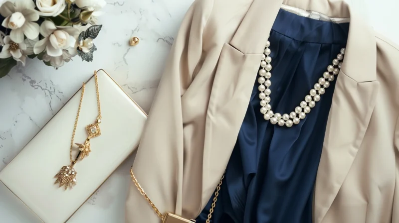 Stylizacje na wesele 2025 1 Elegancka stylizacja na wesele 2025 - granatowa sukienka midi, beżowe buty na obcasie, złota torebka i perłowa biżuteria