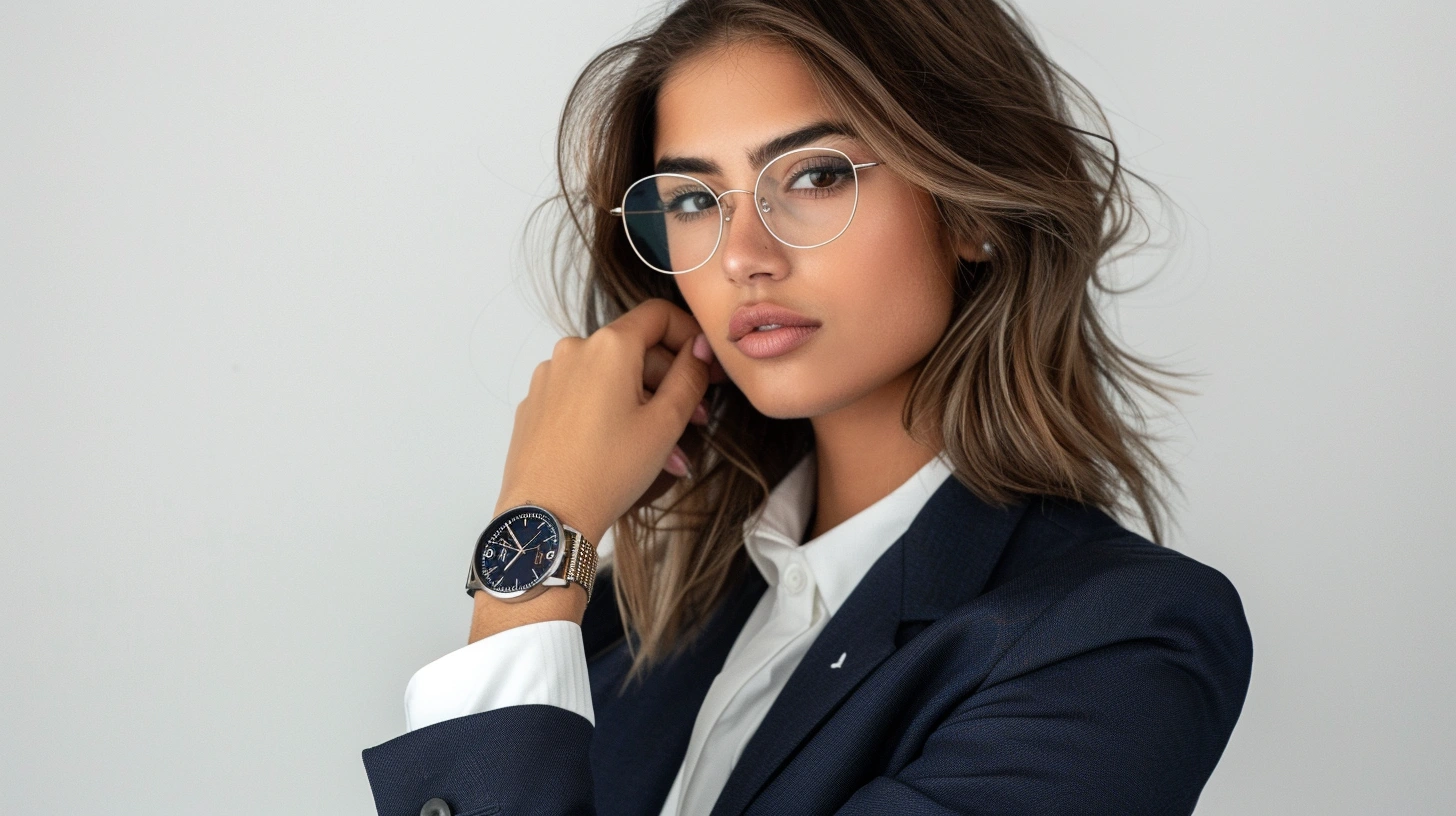 Stylizacja garnituru damskiego z zegarkiem i okularami - akcesoria podkreślające profesjonalny wygląd