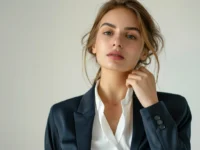 Jaka bluzka pasuje do garnituru damskiego ? 4 Elegancka kobieta w granatowym garniturze damskim z białą jedwabną bluzką - przykład idealnego dopasowania bluzki do garnituru