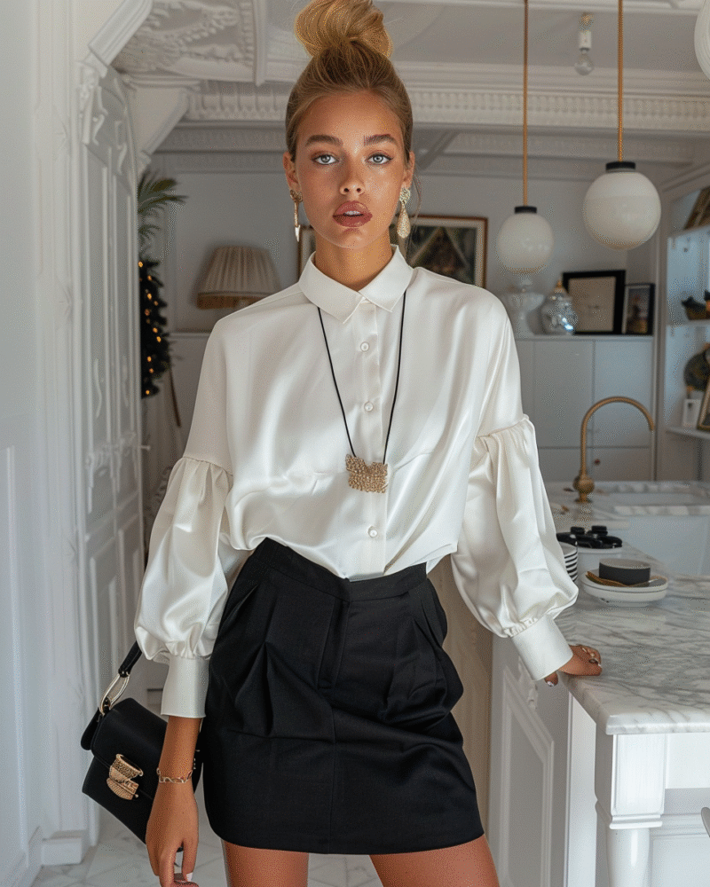 Elegancka biała bluzka do spódnicy - 7 stylizacji, które musisz znać w 2025 52 Elegancka biała bluzka do spódnicy Elegancka stylizacja na spotkanie z teściową - młoda kobieta w białej bluzce z długim rękawem i czarnej ołówkowej spódnicy do kolan, czarne czółenka na niskim obcasie, klasyczna torebka i subtelny naszyjnik