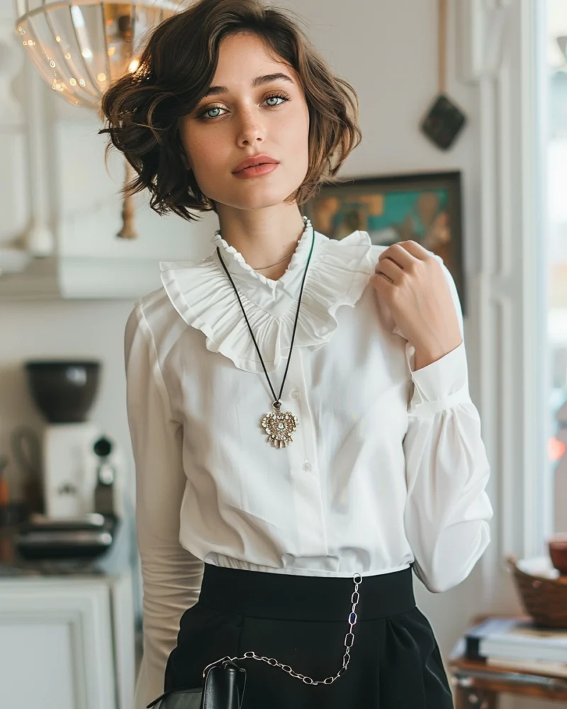 Elegancka biała bluzka do spódnicy - 7 stylizacji, które musisz znać w 2025 53 Klasyczny elegancki outfit - kobieta w białej koszuli i czarnej spódnicy ołówkowej, czarne szpilki, minimalistyczne dodatki, stylizacja na oficjalne spotkania