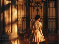 Jaka sukienka pasuje do teatru ? 5 elegancka sukienka do teatru - kobieta w granatowej sukience midi na tle klasycznego budynku teatralnego