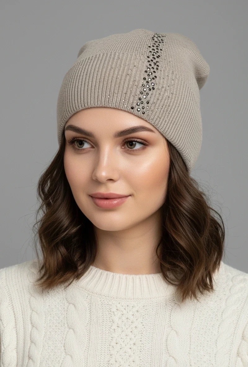 Klasyczna beżowa czapka damska z kryształkami na modelce