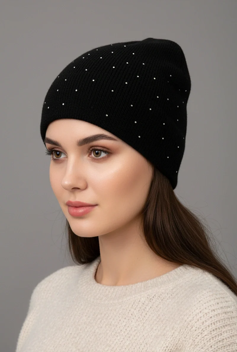 Klasyczna czarna czapka damska z małymi błyszczącymi kryształkami na modelce
