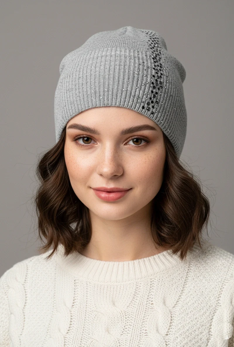 Elegancka szara czapka damska z pionowym pasem kryształków na modelce