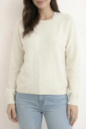 Sweter damski ecru - regularny krój z cekinami
