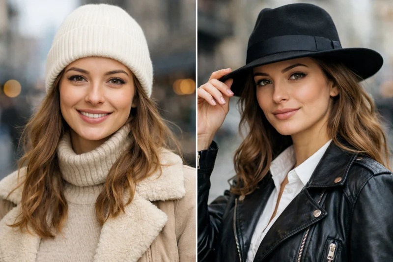 Czapka do kształtu twarzy — kompletny przewodnik doboru fasonu, rozmiaru i stylizacji 1 Porównanie fasonów czapek na żywej modelce – beanie i kapelusz fedora dopasowane do kształtu twarzy