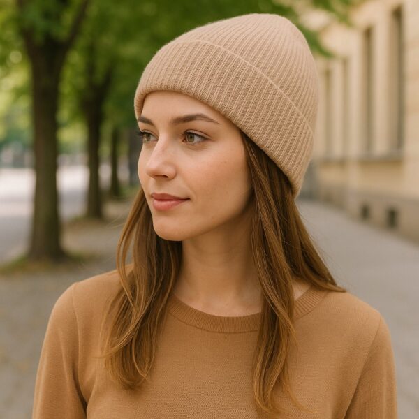 Stylowa czapka damska na wiosnę i jesień w modnym otoczeniu.