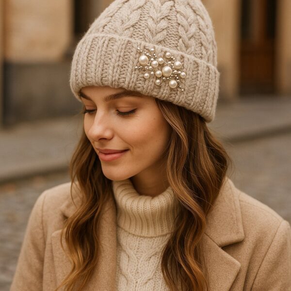 Stylowa czapka damska z ozdobami, idealna na każdą okazję.