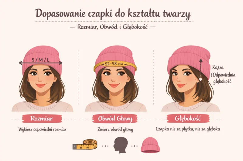 Czapka do kształtu twarzy — kompletny przewodnik doboru fasonu, rozmiaru i stylizacji 15 Infografika dla kobiet pokazująca dopasowanie czapki do kształtu twarzy – rozmiar S/M/L, pomiar obwodu głowy 52–58 cm oraz odpowiednią głębokość czapki.