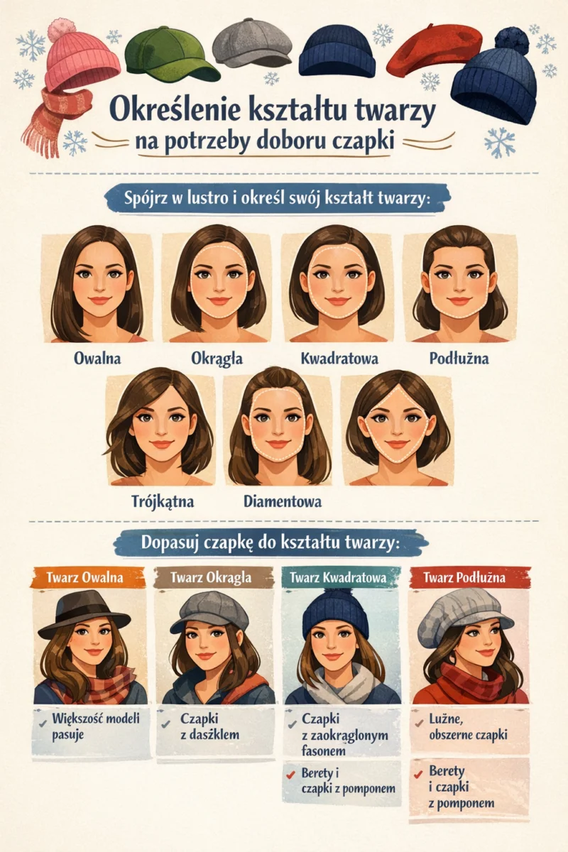 Czapka do kształtu twarzy — kompletny przewodnik doboru fasonu, rozmiaru i stylizacji 14 czapka do kształtu twarzy -Infografika przedstawiająca kształty twarzy (owalna, okrągła, kwadratowa, podłużna, trójkątna, diamentowa) oraz dopasowane modele czapek do każdego typu twarzy.