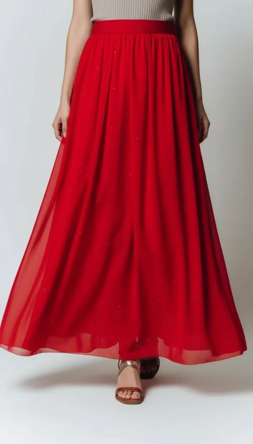 Długa, rozkloszowana czerwona sukienka z błyszczącymi elementami.