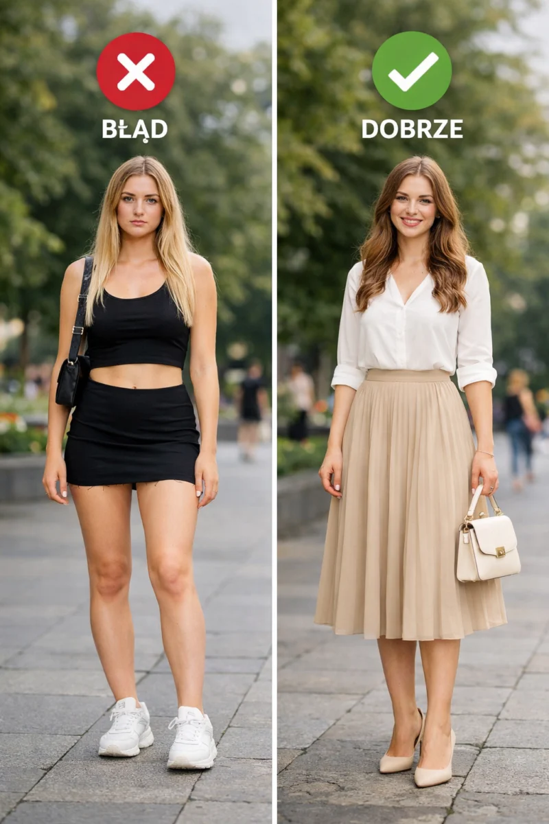 Porównanie dwóch kobiet o europejskiej urodzie – po lewej błąd stylizacji z za krótką spódnicą, po prawej dobrze dobrana długość spódnicy podkreślająca proporcje sylwetki.
