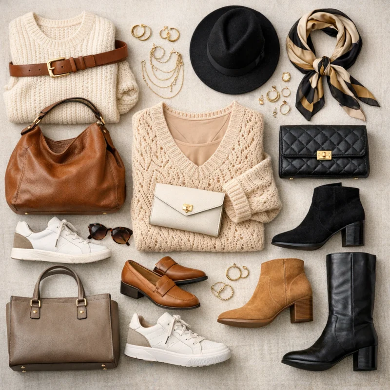 Dodatki i obuwie do swetrów damskich – pasek podkreślający talię, torebki structured i slouchy, sneakersy, loafersy oraz botki i kozaki ułożone na jasnym tle w stylu flat lay