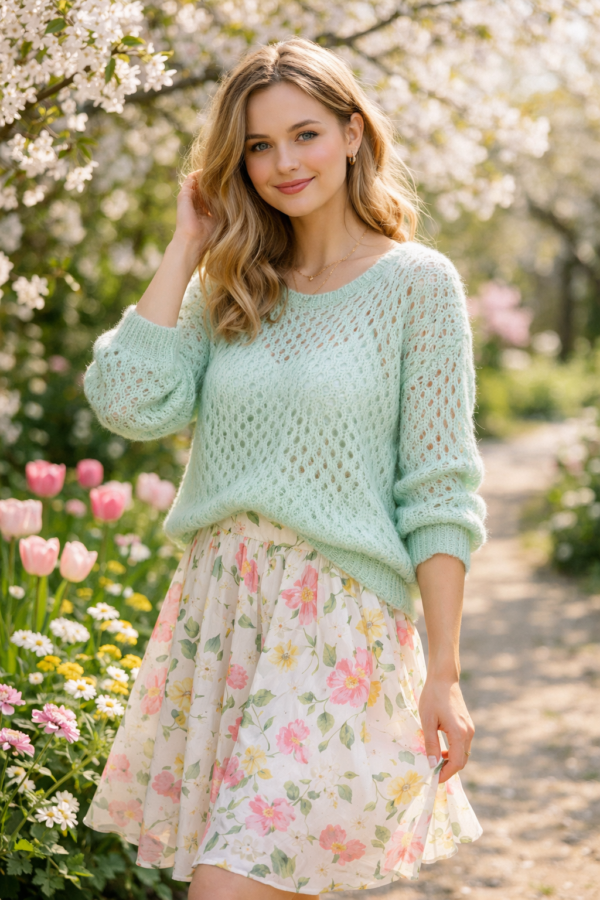 Dziewczyna w pastelowym swetrze i kwiatowej spódnicy w wiosennym ogrodzie, lifestyle, naturalne światło