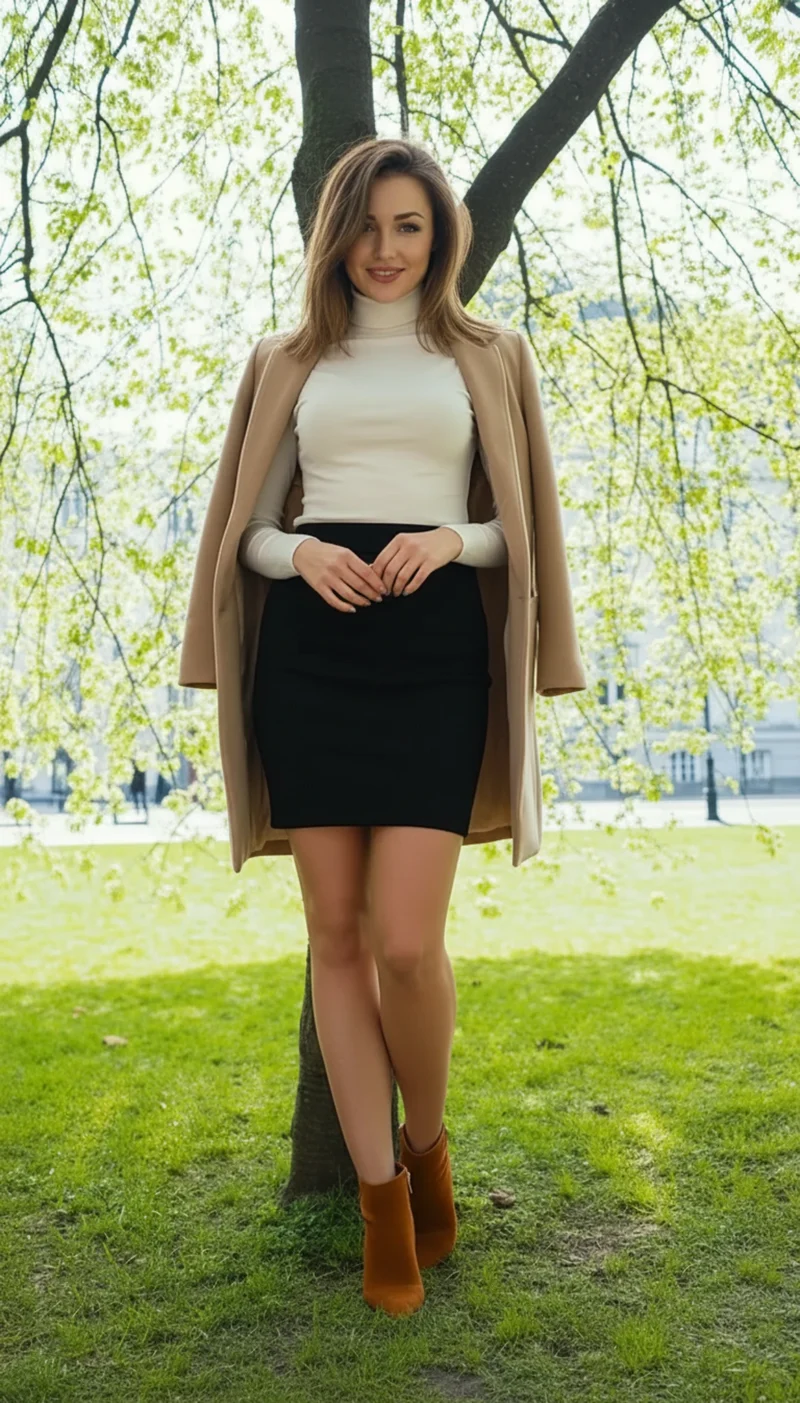 Kobieta w białym golfie i czarnej spódniczce mini w parku