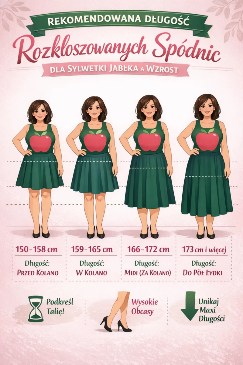 Infografika przedstawiająca rekomendowaną długość rozkloszowanych spódnic dla sylwetki jabłka w zależności od wzrostu – zakresy 150–158 cm, 159–165 cm, 166–172 cm oraz 173 cm i więcej.